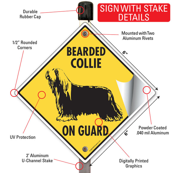 Bearded Collie On Guard Dog Signs or Sticker