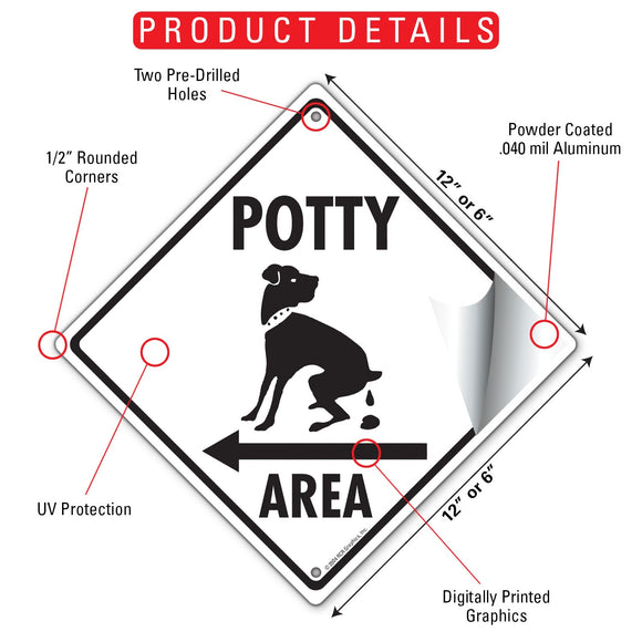 Potty Area with Dog Pooping and Left Arrow Signs or Sticker