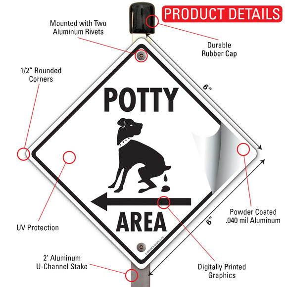 Potty Area with Dog Pooping and Left Arrow Signs or Sticker