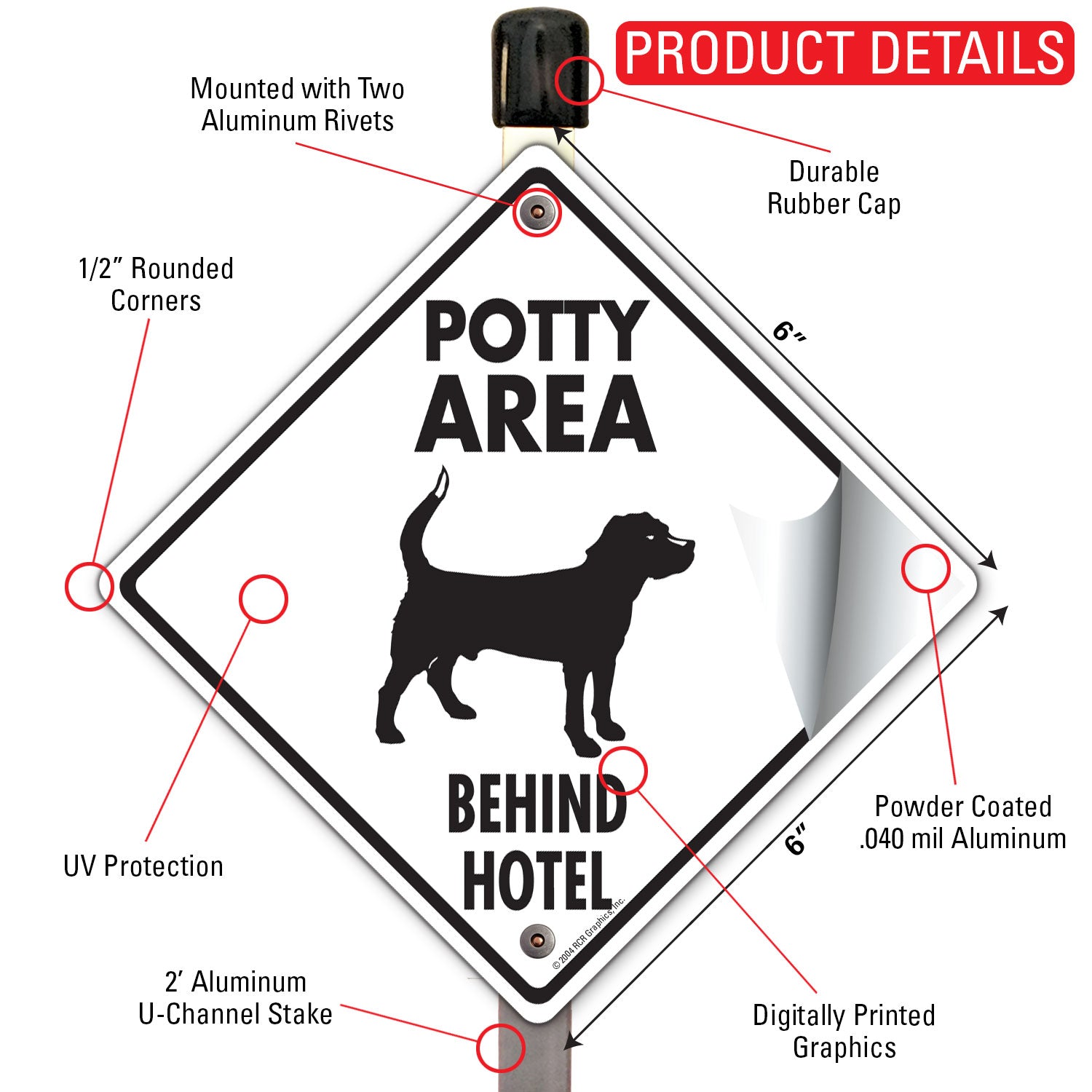 Potty Area with Dog Standing and Behind Hotel Signs or Sticker