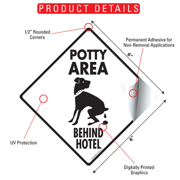 Potty Area with Dog Pooping and Behind Hotel Signs or Sticker