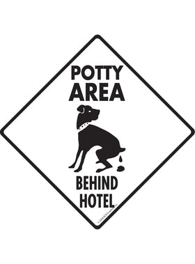 Potty Area with Dog Pooping and Behind Hotel Signs or Sticker