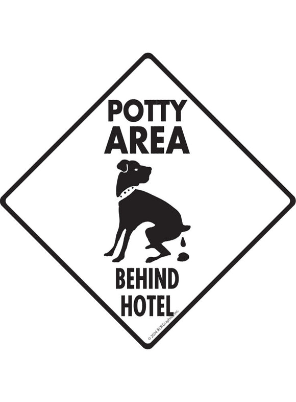 Potty Area with Dog Pooping and Behind Hotel Signs or Sticker