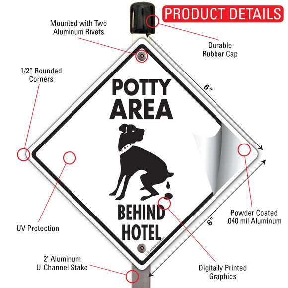 Potty Area with Dog Pooping and Behind Hotel Signs or Sticker