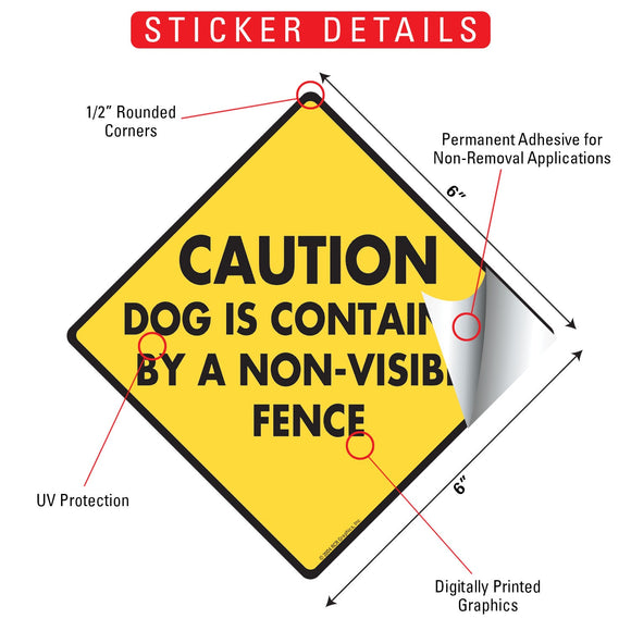 Caution! Dog Contained Non-Visible Fence Signs or Sticker