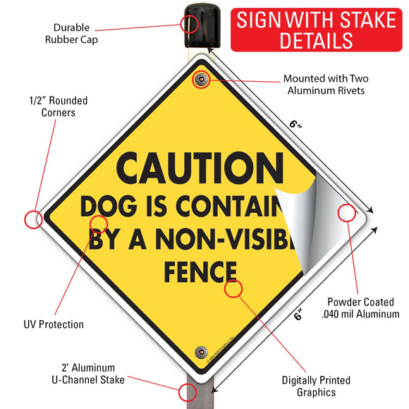Caution! Dog Contained Non-Visible Fence Signs or Sticker