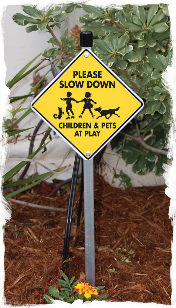 Please Slow Down - Children & Pets At Play Dog Signs or Sticker