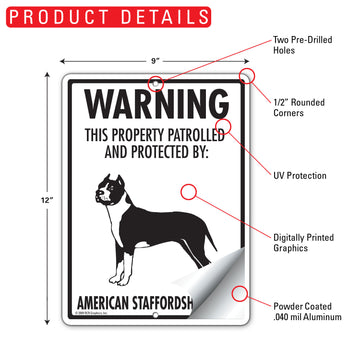 American Staffordshire Terrier! Property Patrolled Aluminum Sign - 9x12 Inch, Weatherproof, Yard - 0