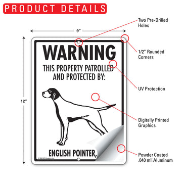 English Pointer! Property Patrolled Aluminum Sign - 9x12 Inch, Weatherproof Yard - 0