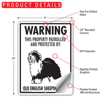 Old English Sheepdog! Property Patrolled Aluminum Sign - 9x12 Inch, Weatherproof Yard - 0