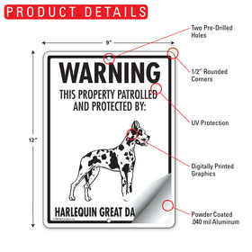 Harlequin Great Dane! Property Patrolled Sign (9" x 12") - 0