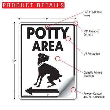 Potty Area Pooping Left Arrow Aluminum Sign - 9x12 Inch, Weatherproof Yard - 0