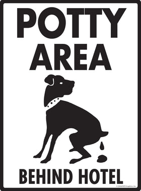 Potty Area with Dog Pooping and Behind Hotel Sign (9" x 12")