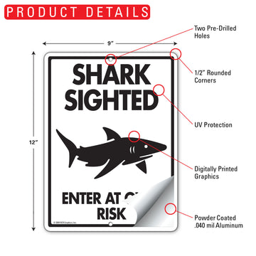 Shark Sighted Enter At Own Risk Aluminum Sign - 9x12 Inch, Weatherproof Warning - 0