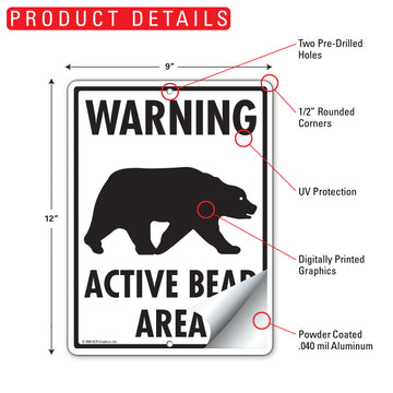 Warning Active Bear Area Aluminum Sign - 9x12 Inch, Weatherproof Safety - 0