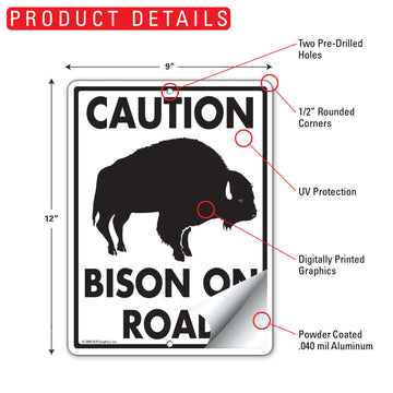 Caution Bison On Road Aluminum Sign - 9x12 Inch, Weatherproof Warning - 0