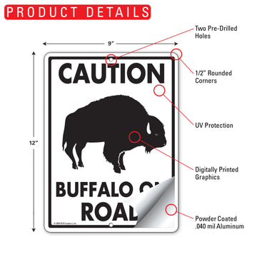 Caution Buffalo On Road Aluminum Sign - 9x12 Inch, Weatherproof Warning - 0