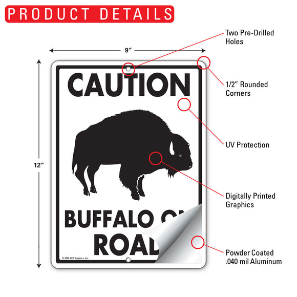Caution - Buffalo On Road Sign (9" x 12")