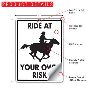 Ride At Your Own Risk Horse Aluminum Sign - 9x12 Inch, Weatherproof Yard - 0