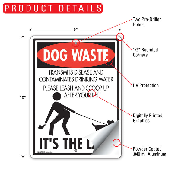 Dog Waste - It's The Law Dog Poop Sign (9" x 12")