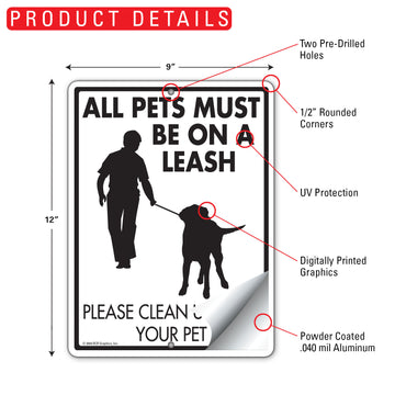 All Pets Must Be On A Leash Aluminum Sign - 9x12 Inch, Weatherproof Yard - 0