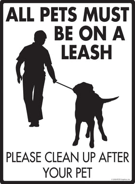 All Pets Must Be On A Leash Exterior Aluminum Dog Pooping Sign