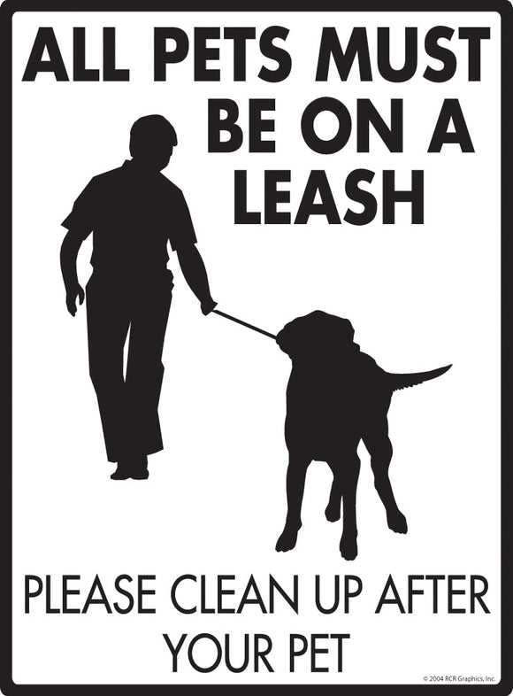 All Pets Must Be On A Leash Exterior Aluminum Dog Pooping Sign