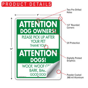 Attention Dog Owners Attention Dogs Aluminum Sign - 9x12 Inch, Weatherproof - 0