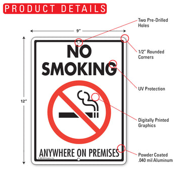 No Smoking Anywhere On Premises Sign (9" x 12") - 0