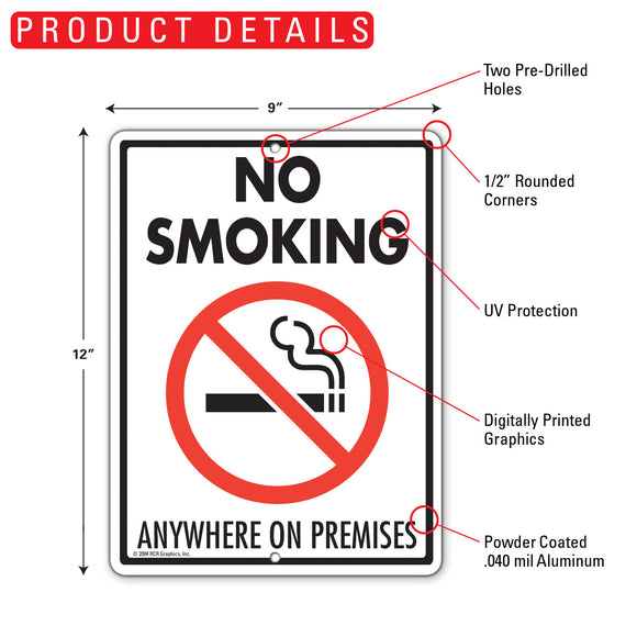 No Smoking Anywhere On Premises Sign (9" x 12")