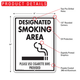 Designated Smoking Area - Please Use Cigarette Bins Sign (9" x 12") - 0