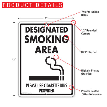 Designated Smoking Area - Please Use Cigarette Bins Sign (9" x 12") - 0