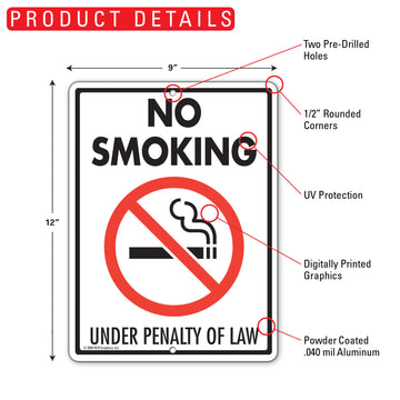 No Smoking Under Penalty Of Law Sign (9" x 12") - 0