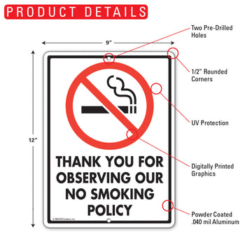 Thank You For Observing Our No Smoking Policy Sign (9" x 12") - 0