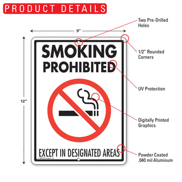 Smoking Prohibited Except In Designated Areas Sign (9" x 12") - 0