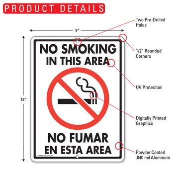No Smoking In This Area - No Fumar En Esta Area Sign (9" x 12") - 0