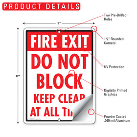 Fire Exit - Do Not Block Sign (9" x 12") - 0