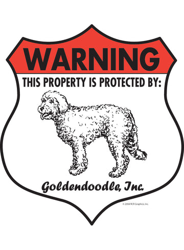 Goldendoodle! Property is Protected Badge Aluminum Sign or Vinyl Sticker - Weatherproof Yard